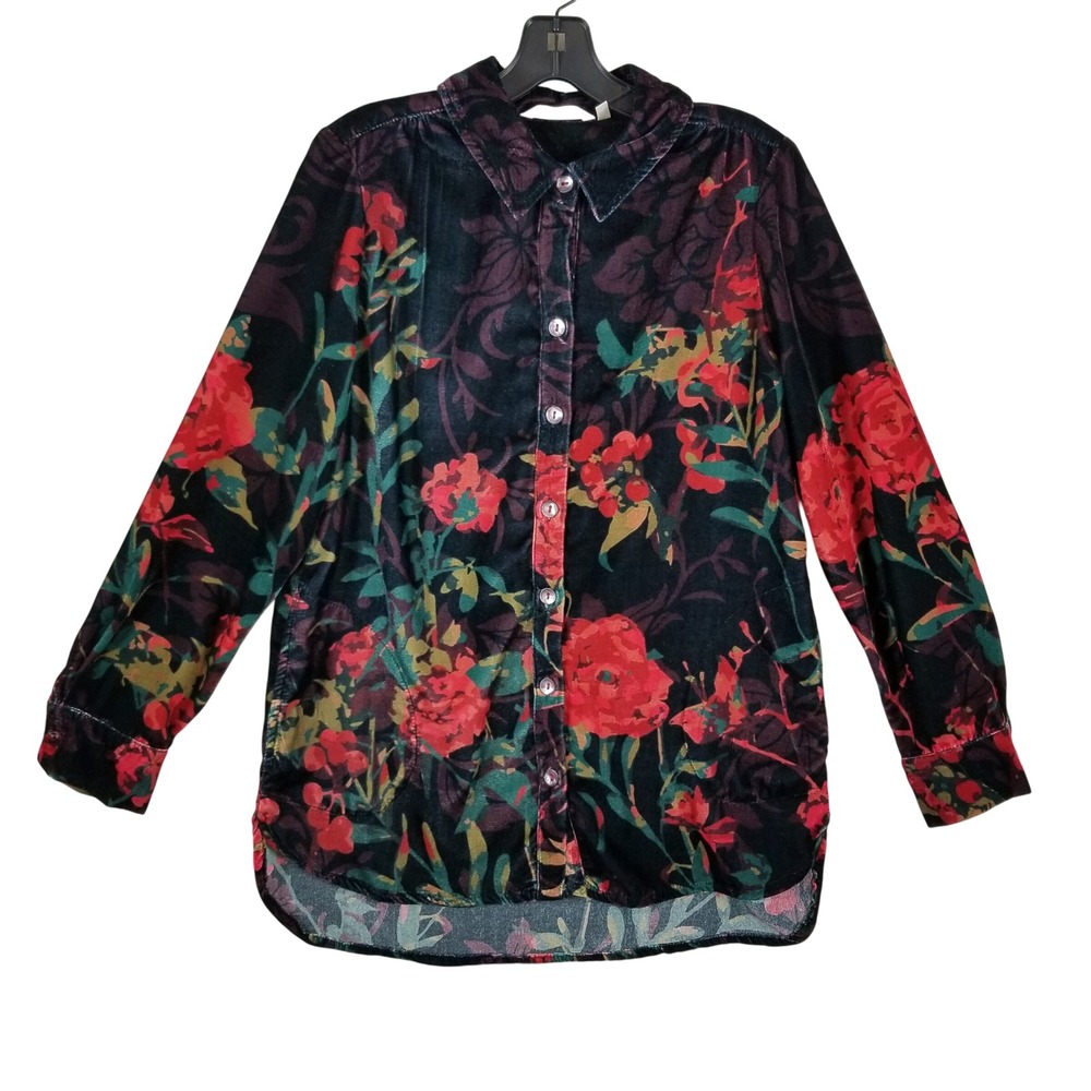 Soft Surroundings Velvet Floral Damask Button Down Shirt Red Green Small 2AR71